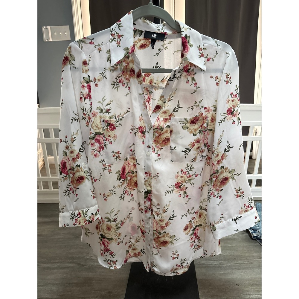 IZ BYER Womens White‎ Floral Rose Print Button Down 3/4 Sleeve Blouse Top large